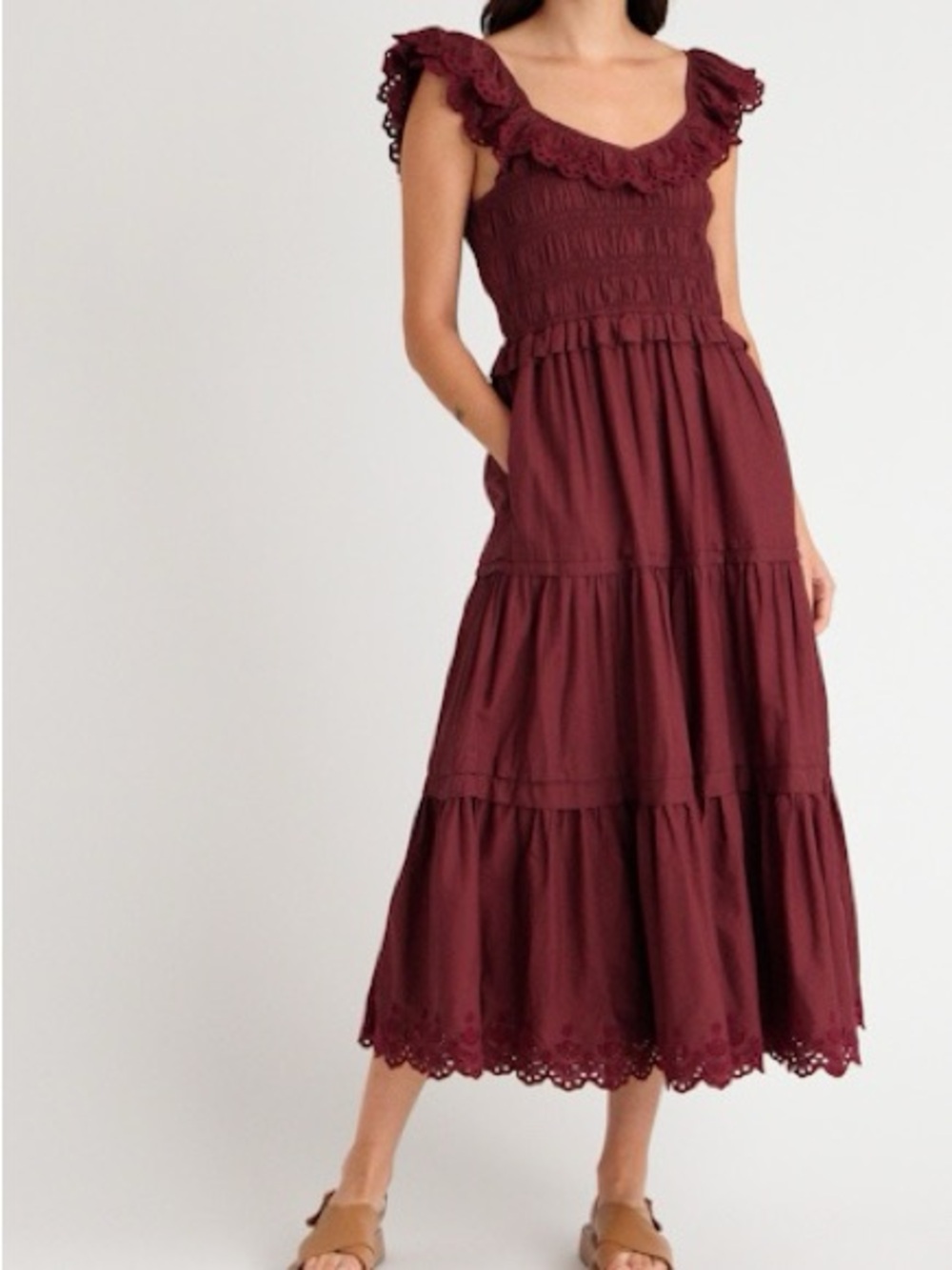 Madewell Lucie Burgundy Ruffle Tiered Midi Dress